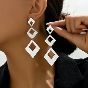3/$35 Geometric Silver Rhombus Long Drop Dangle Fashion Earrings Jewelry